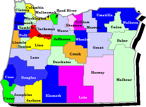 Colored ImageMap Showing Year 2000 Oregon County Fair Weekend Dates and links to county info